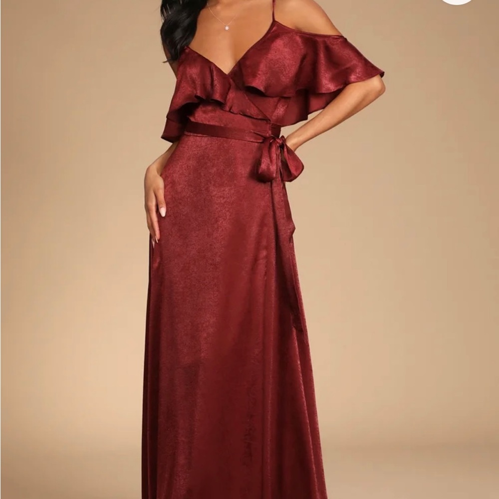 Burgundy Satin Wrap Maxi Dress